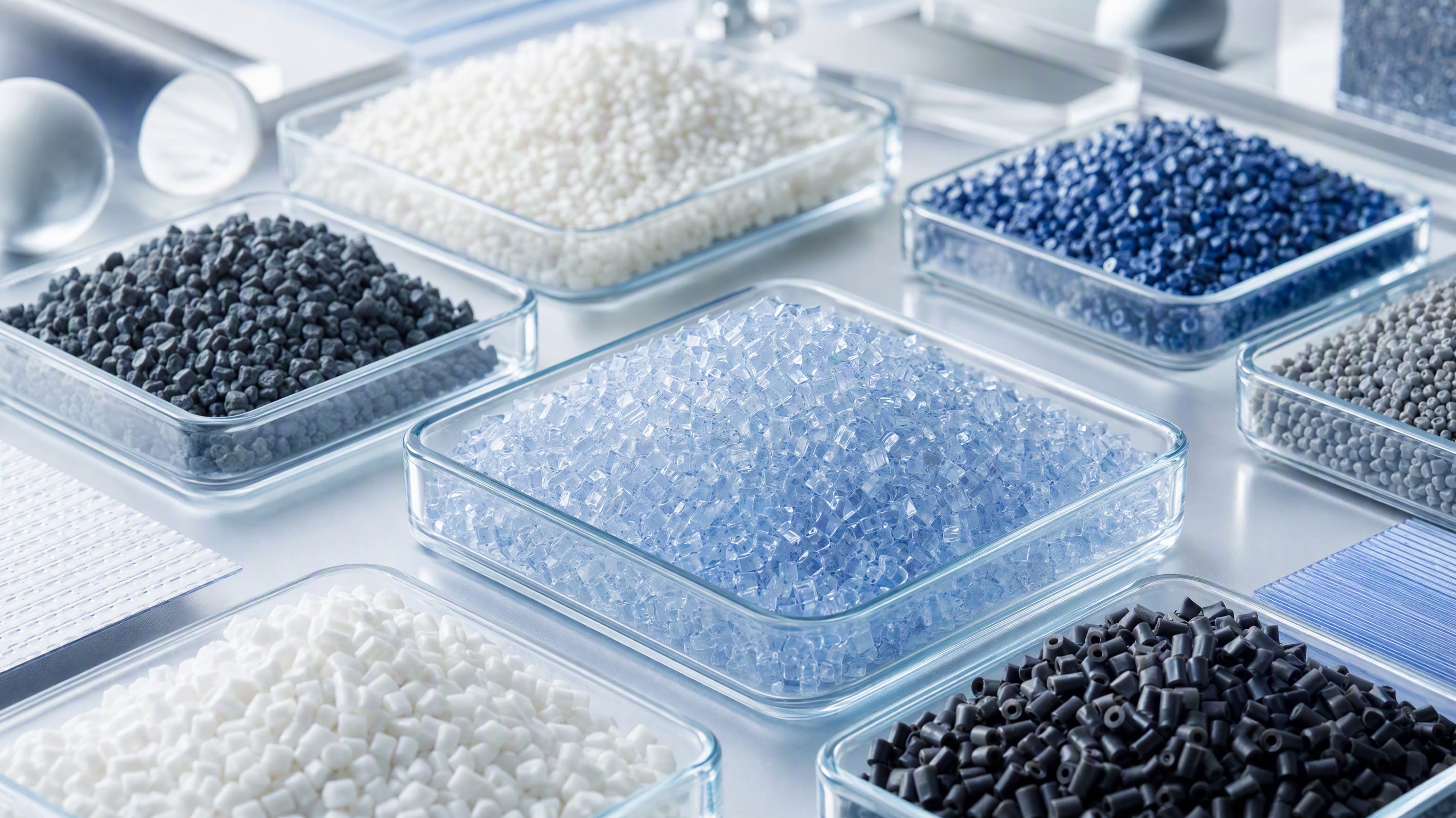 Plastic resin samples prepared for material selection